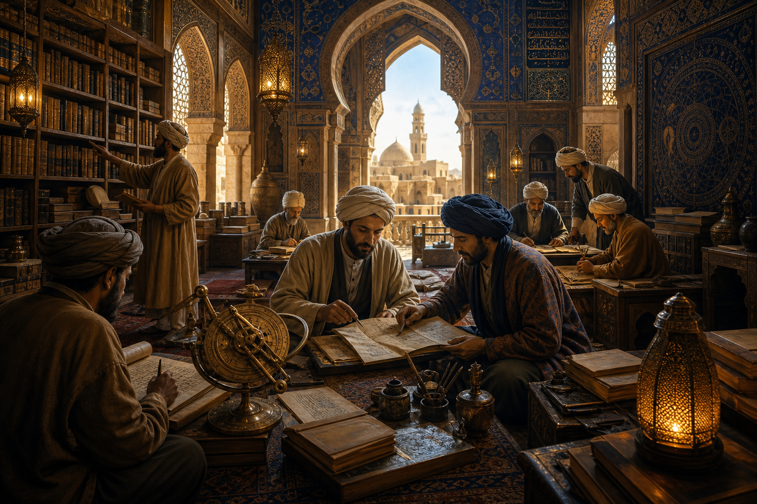 A medieval Arabic manuscript illustration showing scholars and books.