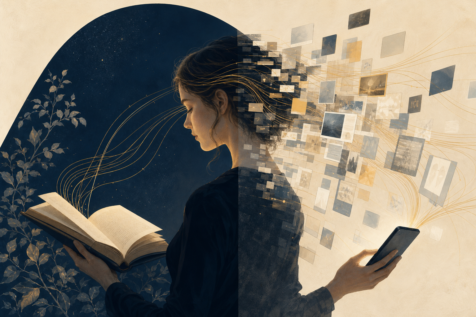 A reader split between a calm printed book and a fragmented stream of digital screens.