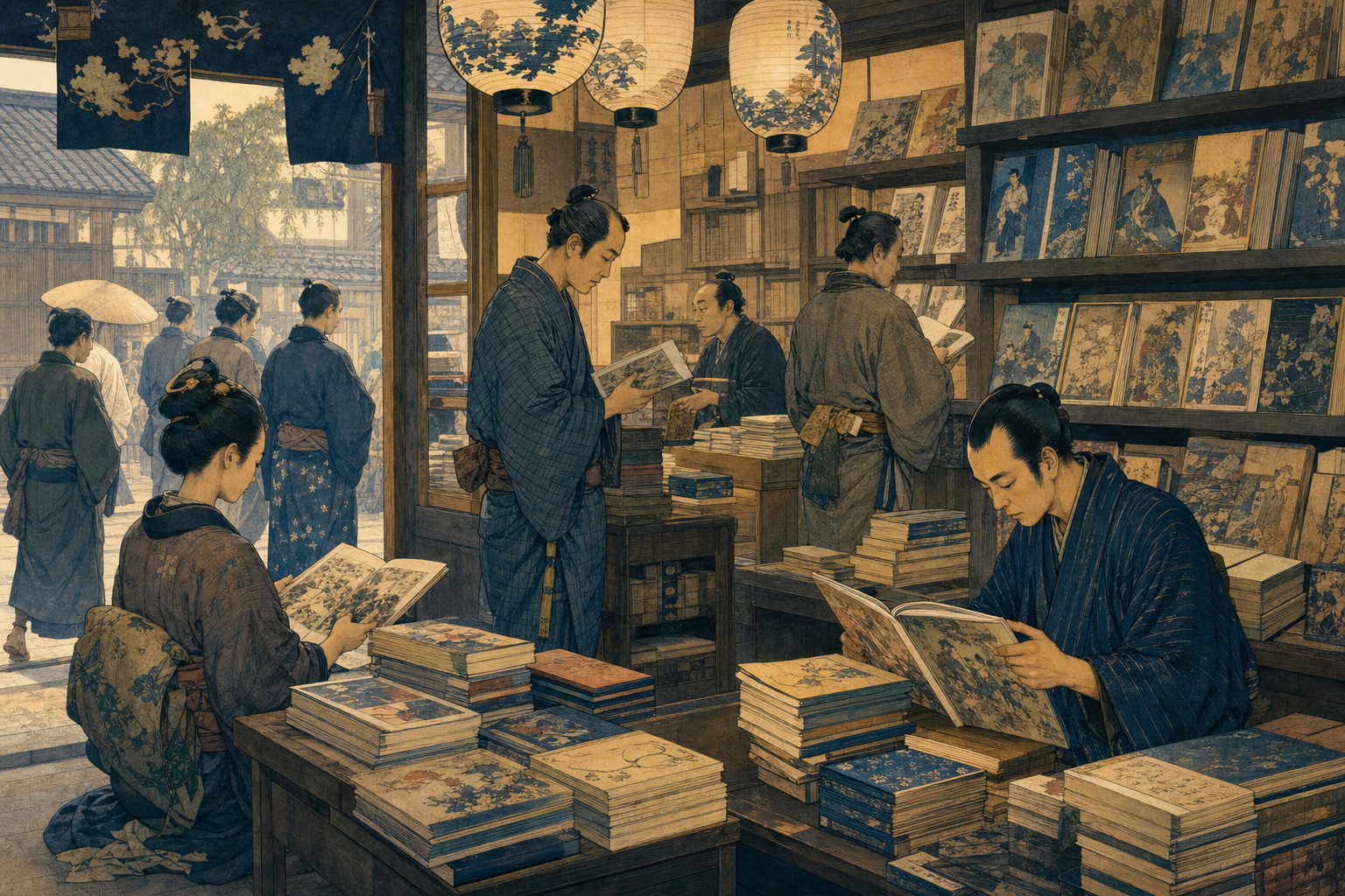 A Japanese bookshop scene with stacks of books and readers.