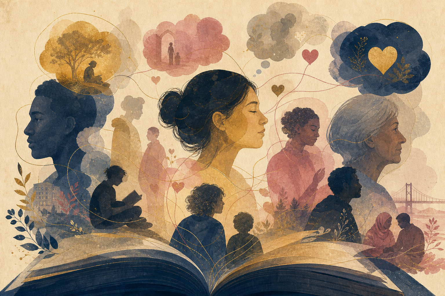 A reader holding a book while translucent scenes and human figures emerge from the pages.