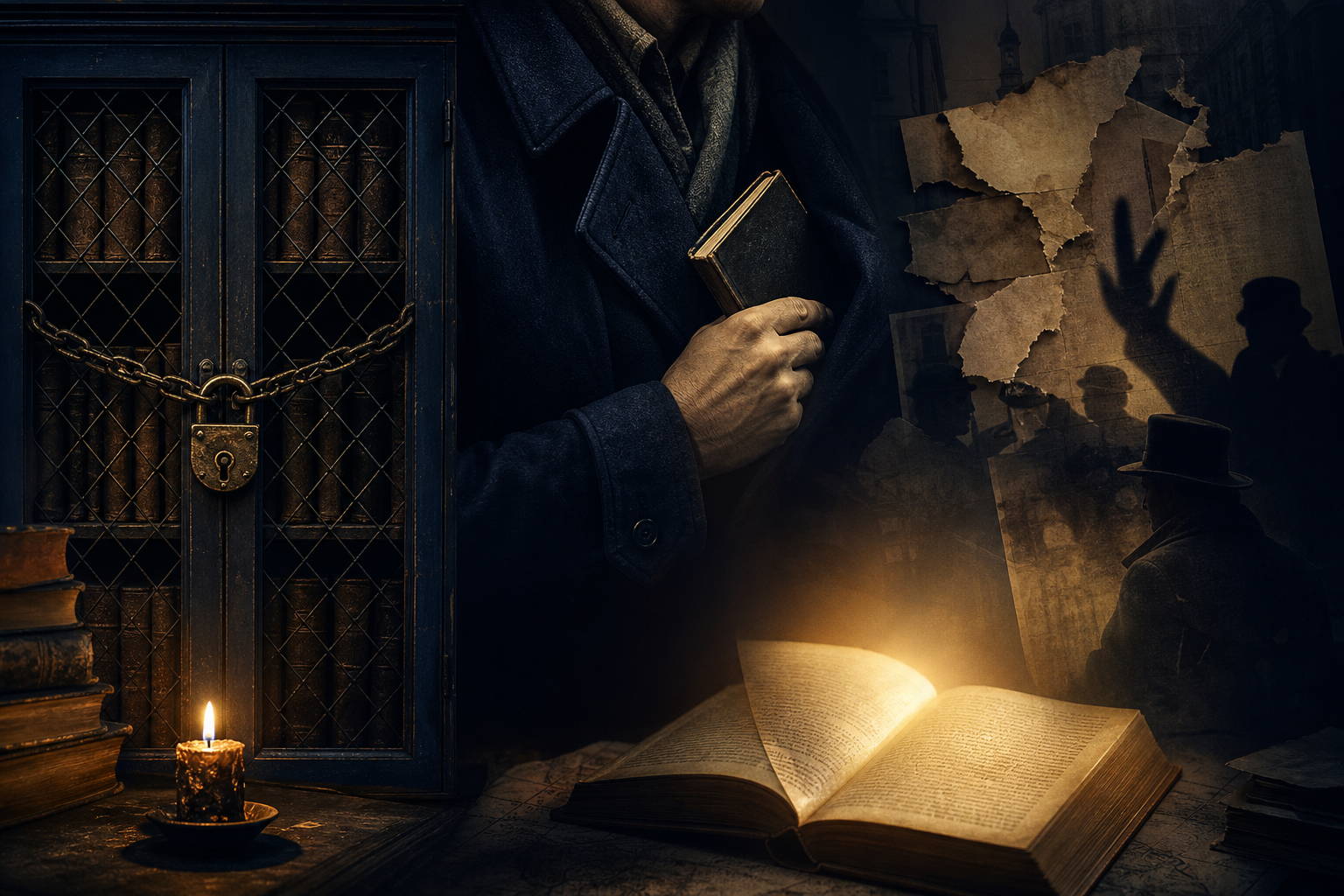 A locked book cabinet, a hidden book, torn notices, and an open page glowing by candlelight.
