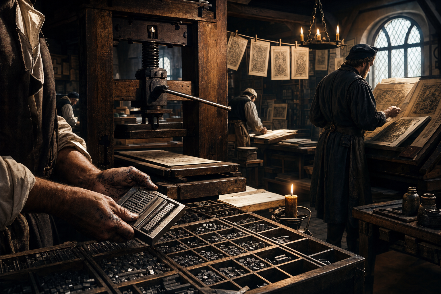 A sixteenth-century print shop with workers operating a printing press.