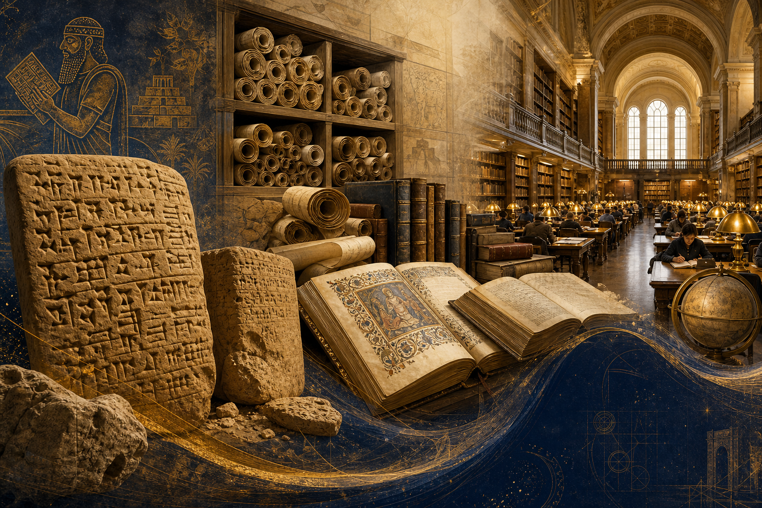 A historical montage of clay tablets, scroll shelves, codices, and a grand public reading room.
