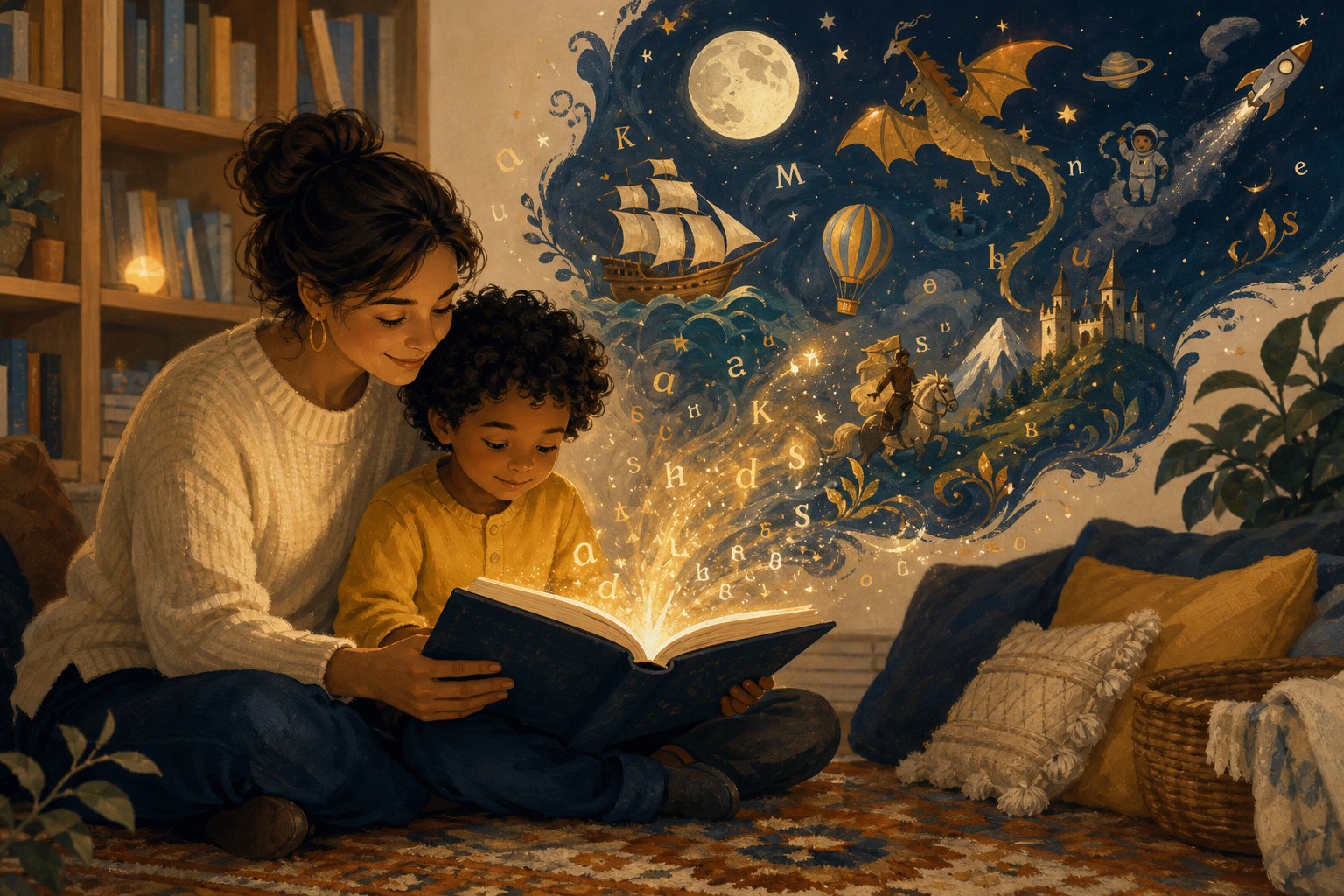 An adult and child reading together as letters and imagined scenes rise from an open book.