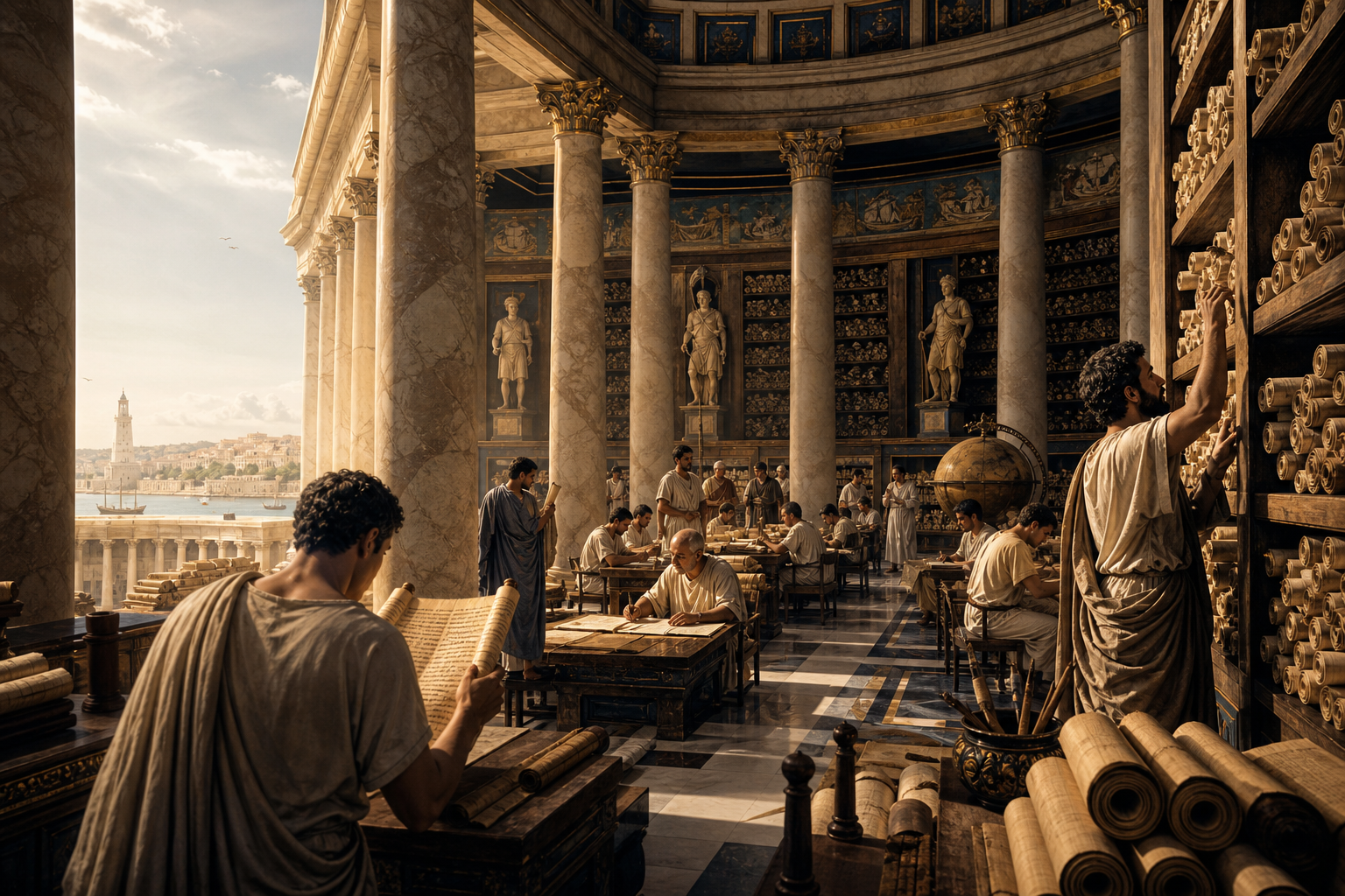 An imagined view of the ancient Library of Alexandria with readers and scrolls.