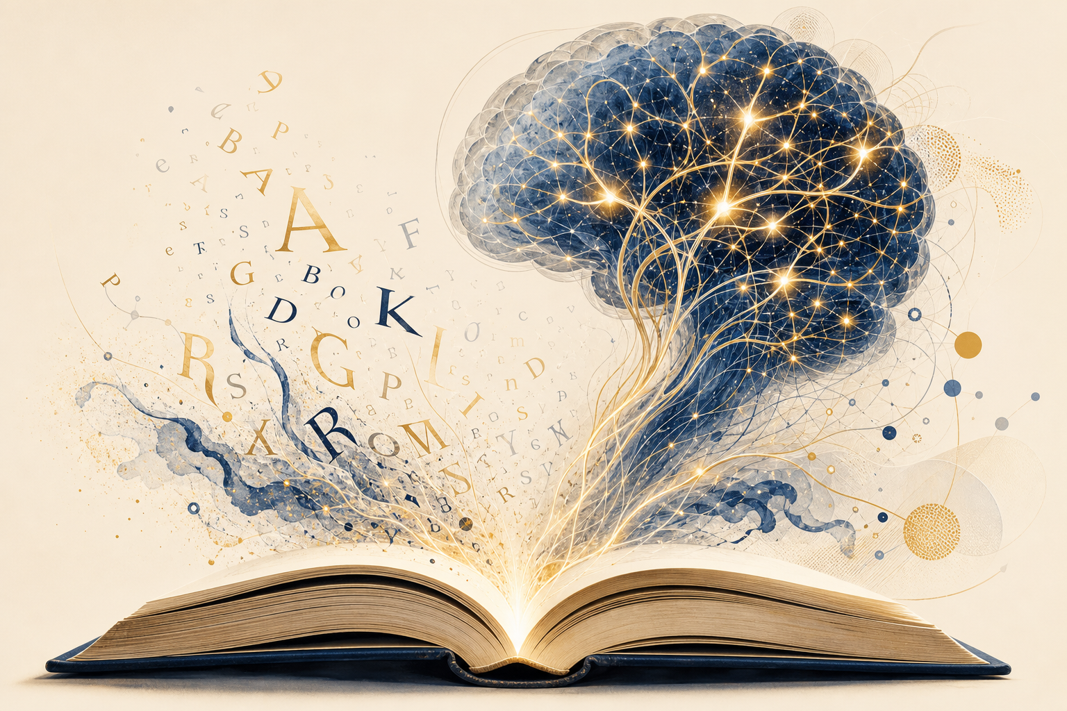 An open book with glowing letters transforming into neural pathways.