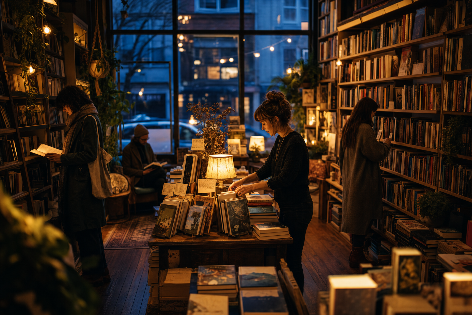 A warm independent bookstore at dusk with readers browsing and a bookseller arranging a display.