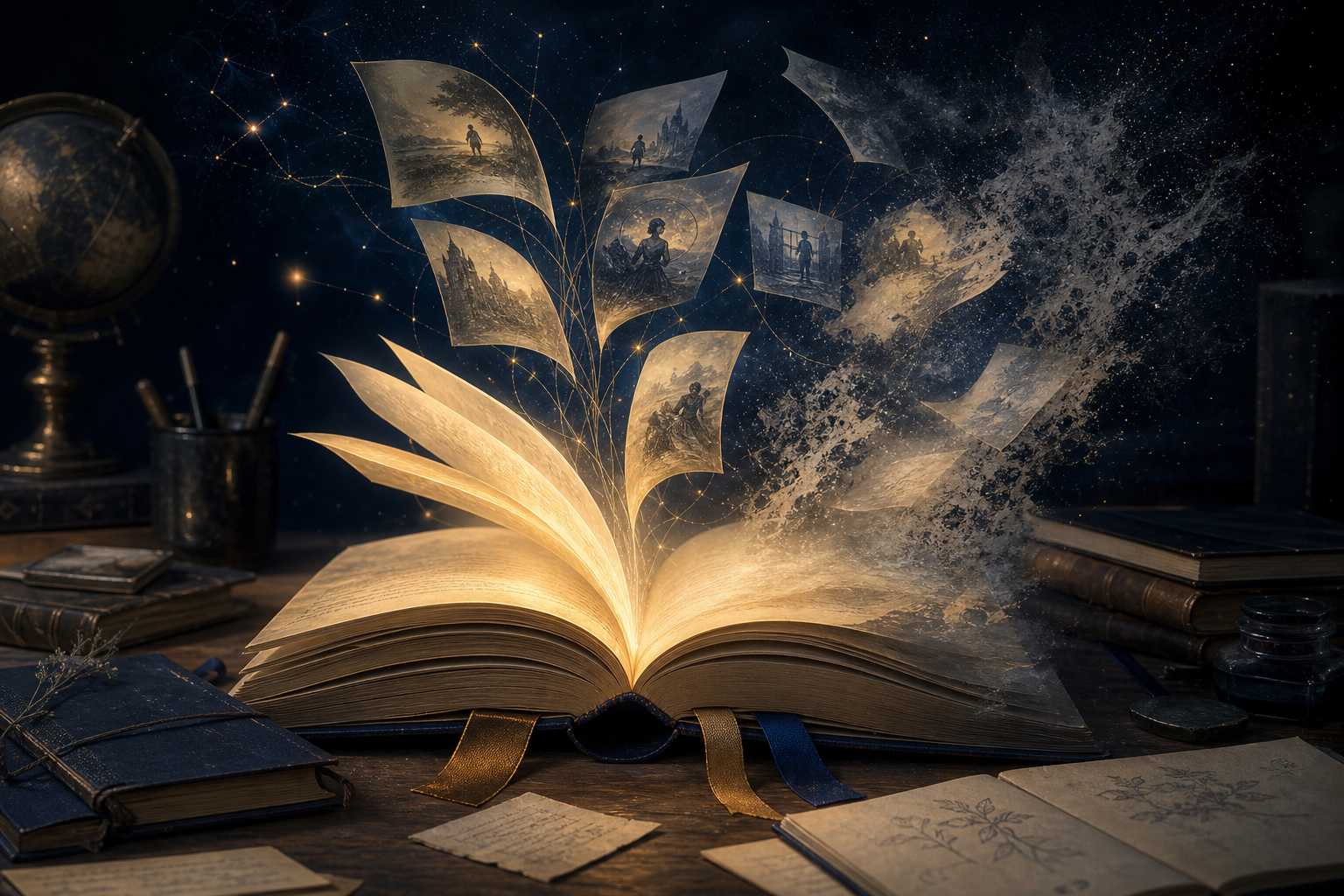 An open book with glowing pages rising into memory fragments inside a quiet bookstore.